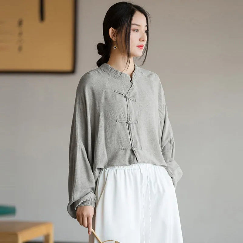 Chinese Style Women Long Sleeve Casual Shirt New Arrival 2024 Autumn Vintage Stand Collar Loose Female Basics Tops Shirts M249