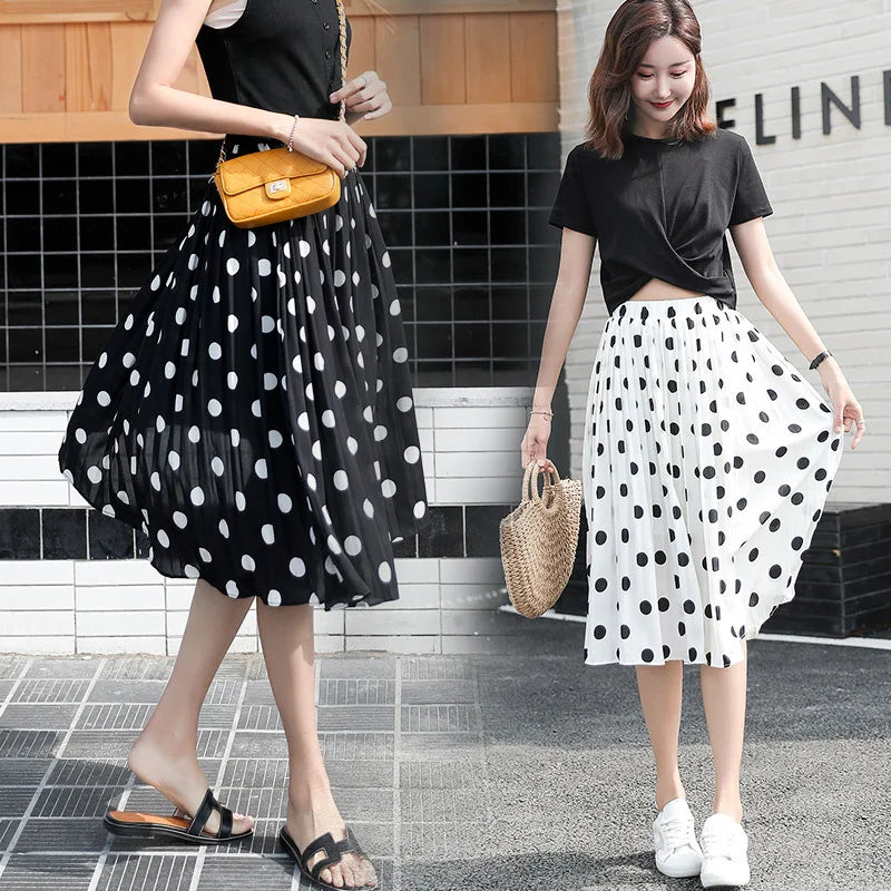 Women's Black Dots Chiffon Polka Skirts Vintage Classic Elegant Sweet Female Elastic Waist Pleated Beach A-Line Plus Size Chic