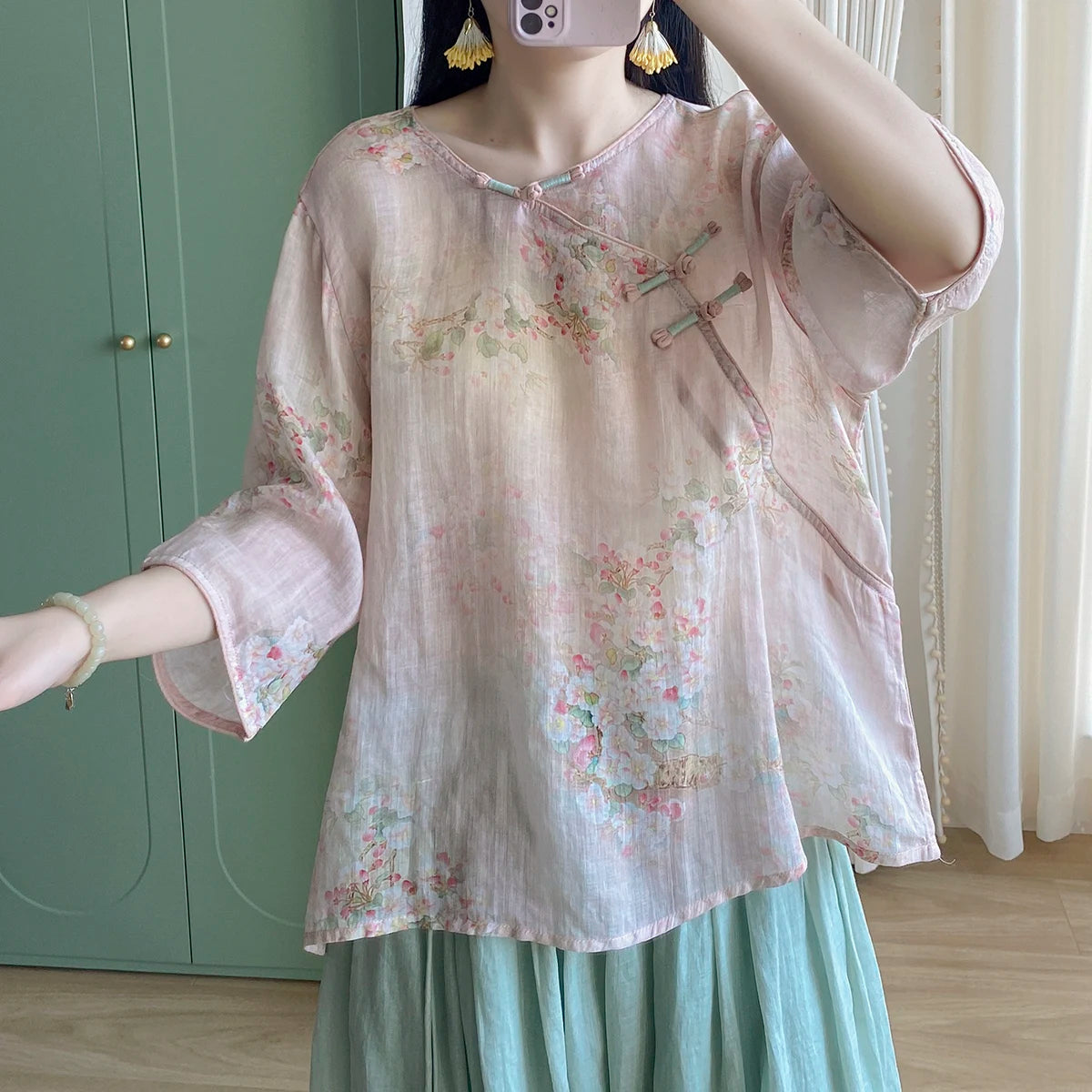 Chinese Zen Style Blouse Women Summer Tencel Linen Blend Loose Fit Double Layer V Neck Pearl Buttons Fashion Top KK634