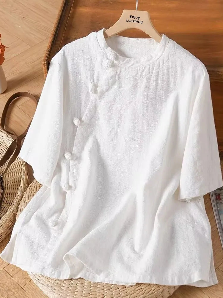 New Chinese Sle Zen Cotton Linen ort Sve irt Women Summer Retro Casual National Sle Oblique Collar Buttoned Split Top