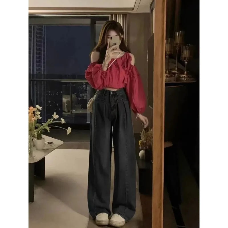 Straight Leg Women Jeans Y2K Style Slim Fit Casual Trousers High Waist Loose Baggy Pants Retro Vintage Streetwear Fashion