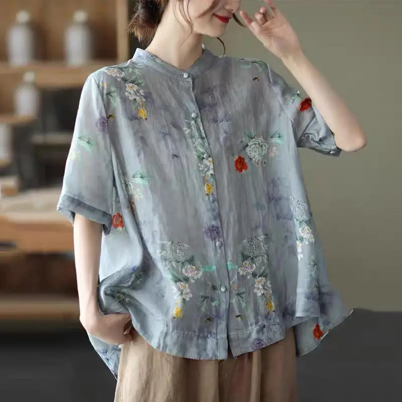Women Cotton Linen Casual Shirts New Arrival 2021 Summer Vintage Floral Print Loose Female Short Sleeve Tops B733