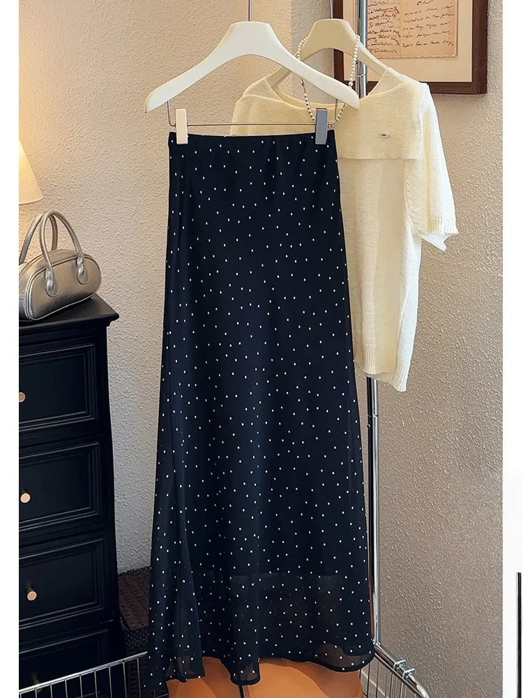 Polka Dot Fishtail Skirt Women's Half Skirt New Summer Mid-length Vintage Bodycon High Waist Chiffon Maxi Skirt Sexy Mujer Black