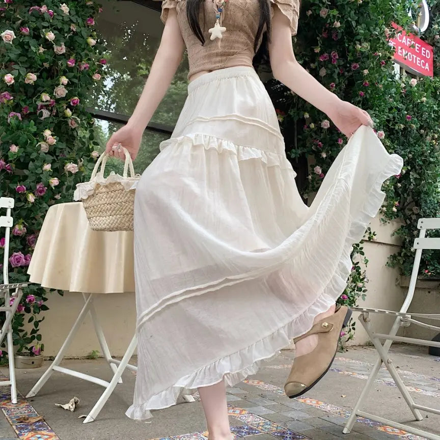 Qiukichonson Pink Summer Skirts Women Goth Cute Frilly Stitching High Waisted A-Line Ruffle Long Midi Chiffon Skirt White Black