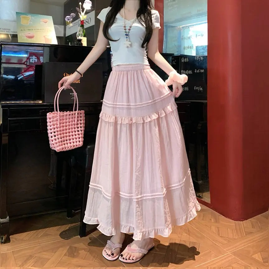 Qiukichonson Pink Summer Skirts Women Goth Cute Frilly Stitching High Waisted A-Line Ruffle Long Midi Chiffon Skirt White Black