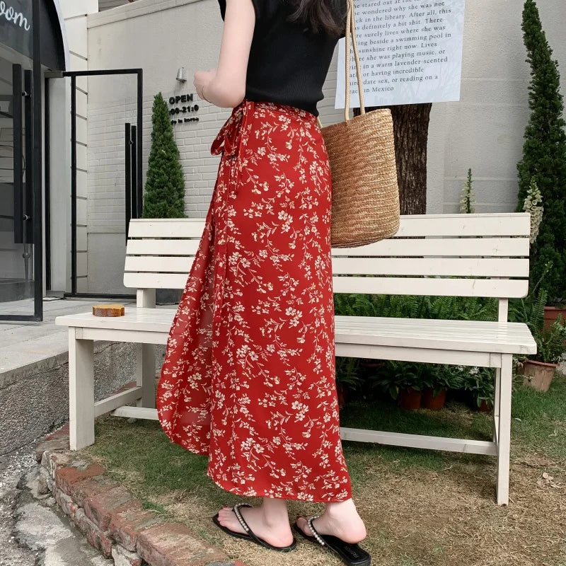 n Sle Midi Skirt Women's Vaion Ethnic Red Floral Print Chiffon Wrap around f Length Skirt Bodycon Sle