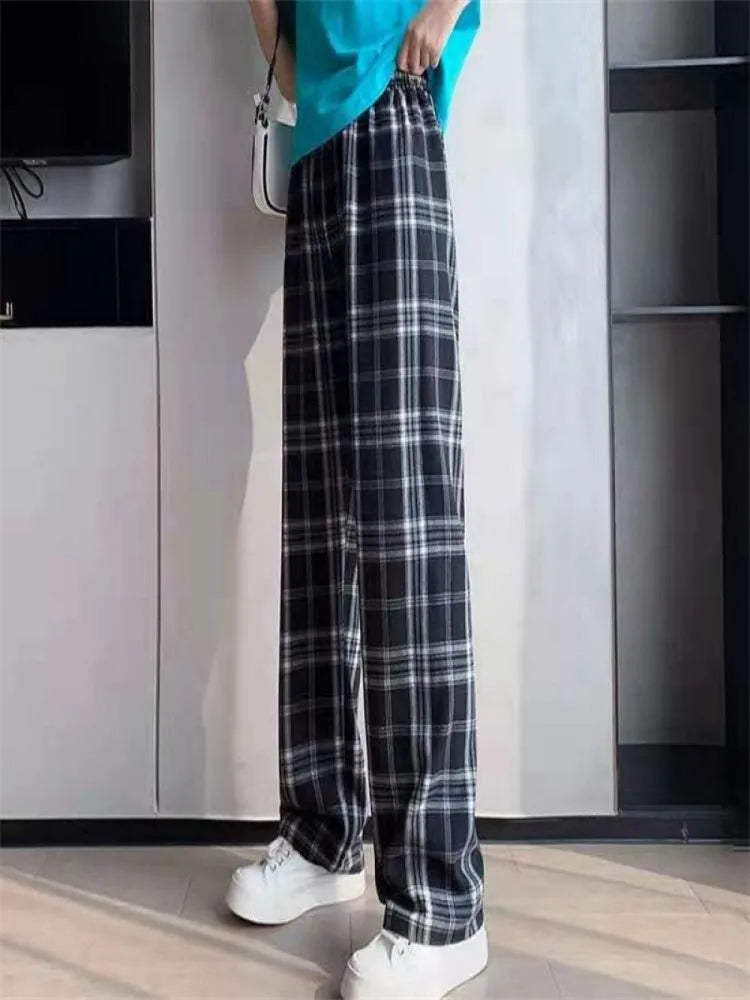 Summer Thin Plaid Pants Women Casual Loose Wide Leg Trousers Korean Style High Waist Hip-hop Streetwear Straight thin Pants