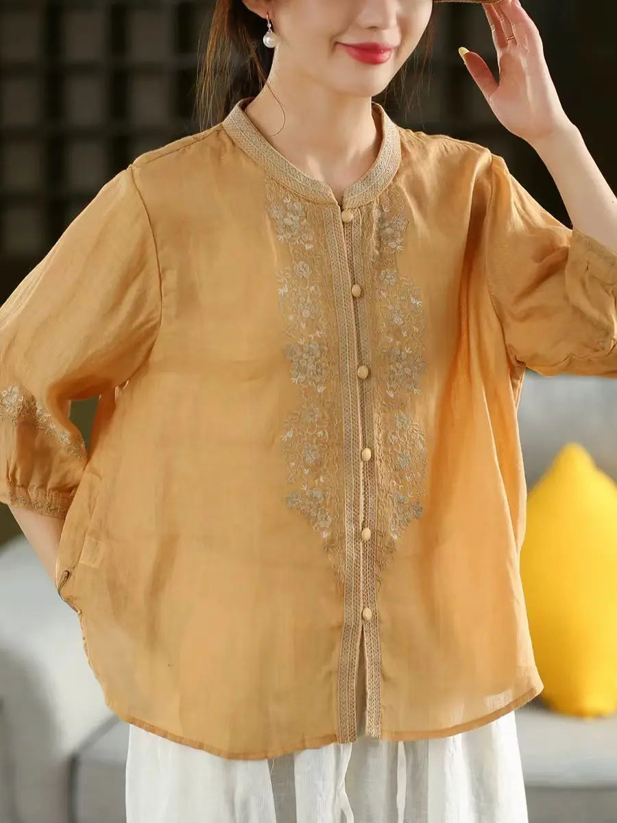 100% Linen Women Casual Shirt New 2025 Summer Vintage Style Stand Collar Floral Embroidery Loose Female Tops Shirts M1593