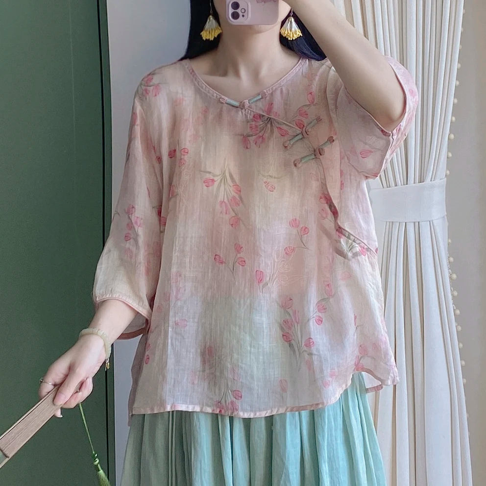 Chinese Zen Style Blouse Women Summer Tencel Linen Blend Loose Fit Double Layer V Neck Pearl Buttons Fashion Top KK634