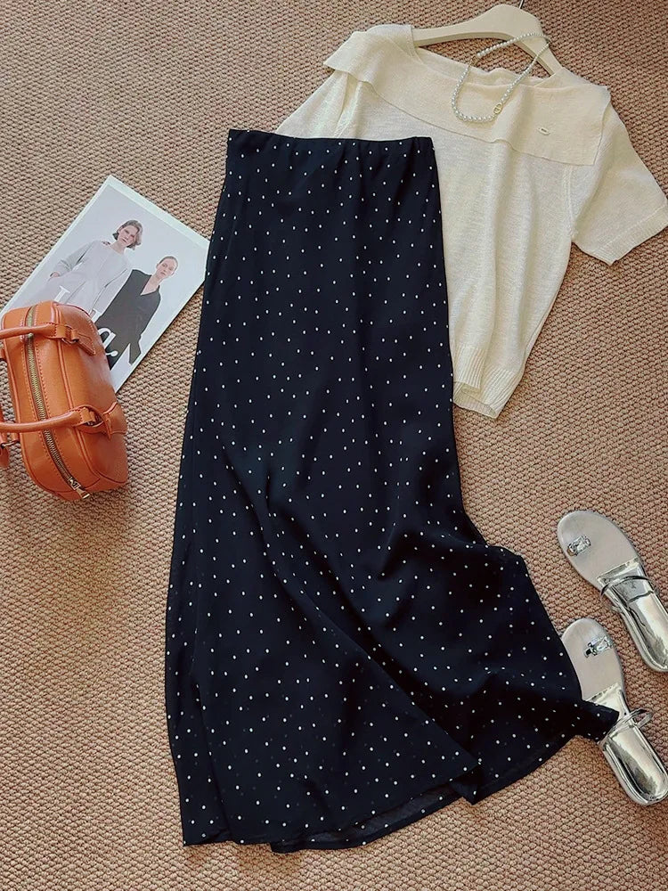 Polka Dot Fishtail Skirt Women's Half Skirt New Summer Mid-length Vintage Bodycon High Waist Chiffon Maxi Skirt Sexy Mujer Black