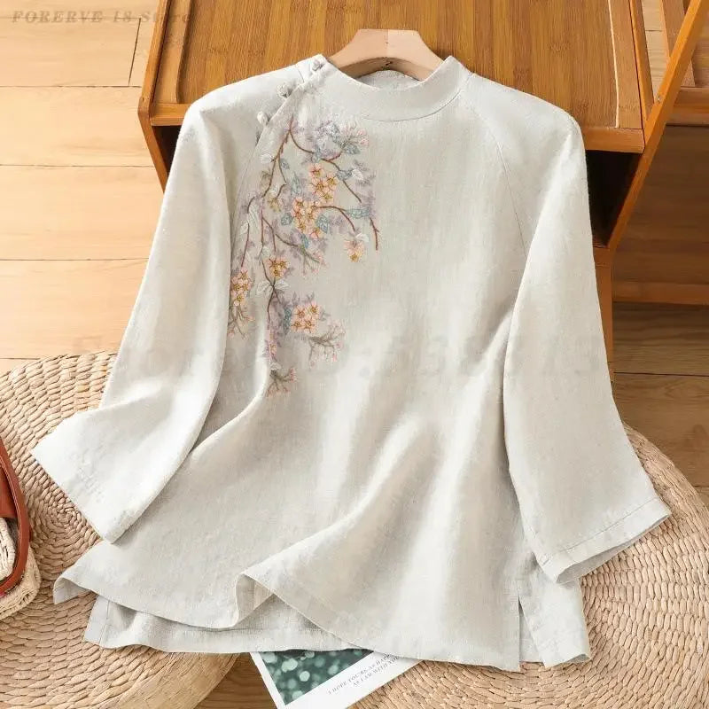 Spring Summer New Chinese Blouse Lady Elegant Artistic Style Shirt Embroidered Hanfu Top Retro Loose Casual Oriental Costumes