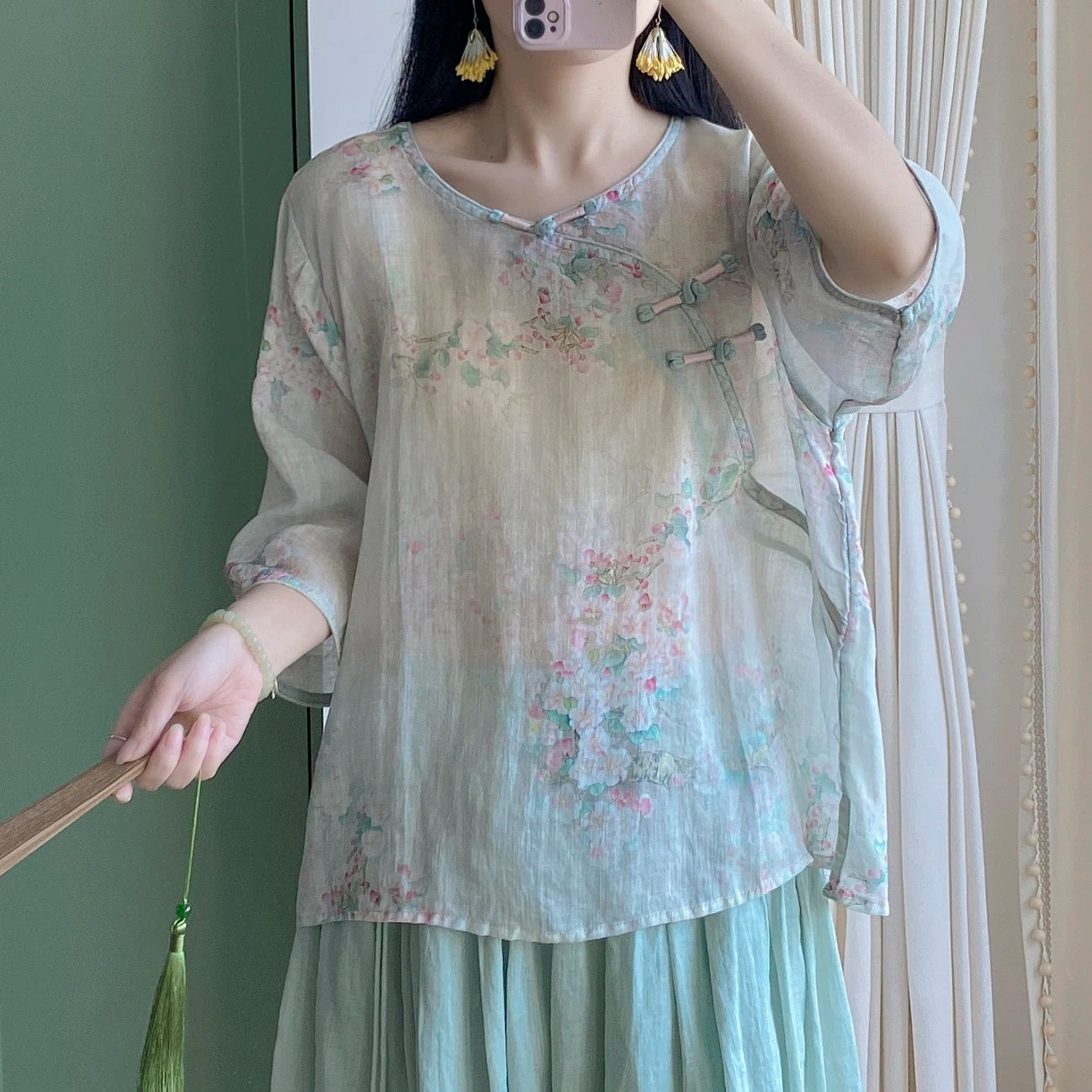 Chinese Zen Style Blouse Women Summer Tencel Linen Blend Loose Fit Double Layer V Neck Pearl Buttons Fashion Top KK634