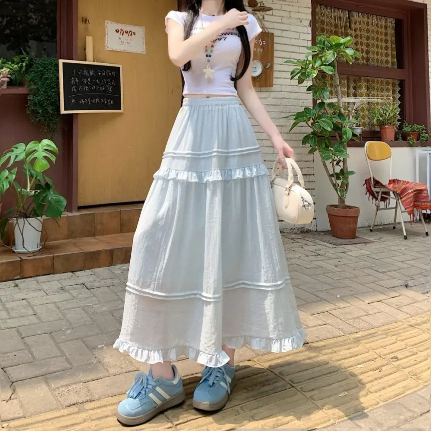 Qiukichonson Pink Summer Skirts Women Goth Cute Frilly Stitching High Waisted A-Line Ruffle Long Midi Chiffon Skirt White Black