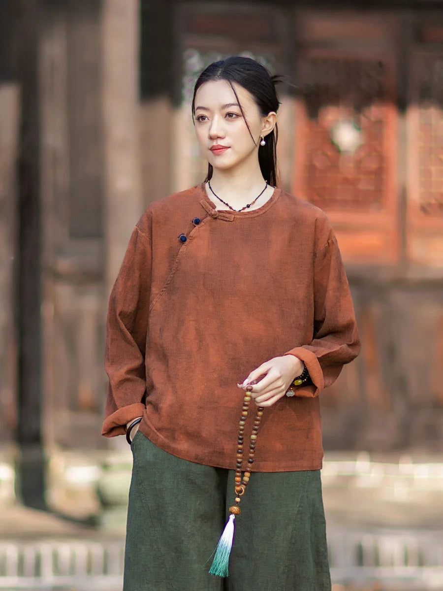 Women Long Sleeve Cotton Linen T-shirts New 2026 Spring Chinese Style O-neck Frog Button Loose Female Casual Tops Tees M2353
