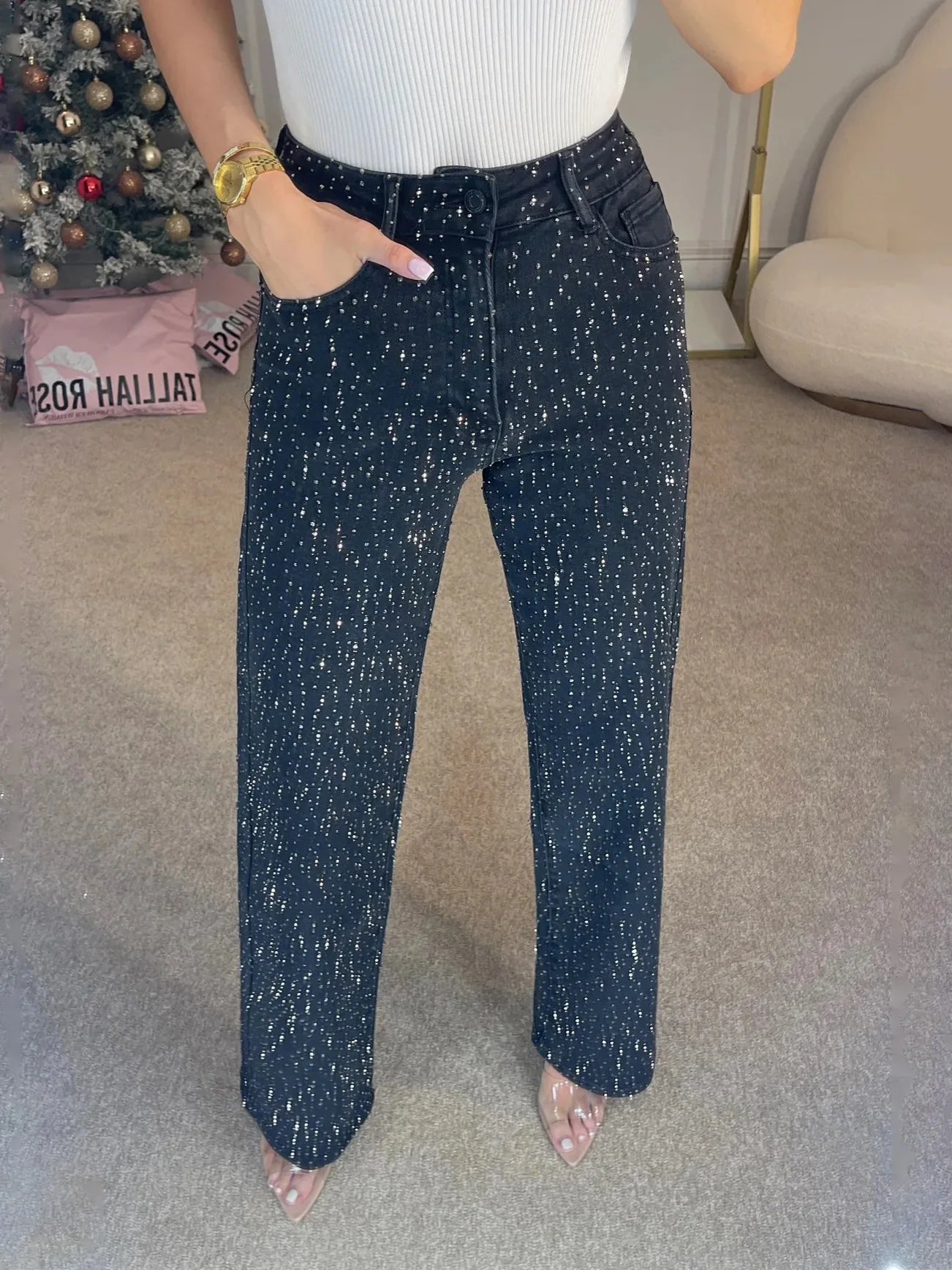 Straight Jeans for Women Diamonds Pants Stretch High Waist Washed Distressed Pockets Vintage Denims Streetwear Female Trousers