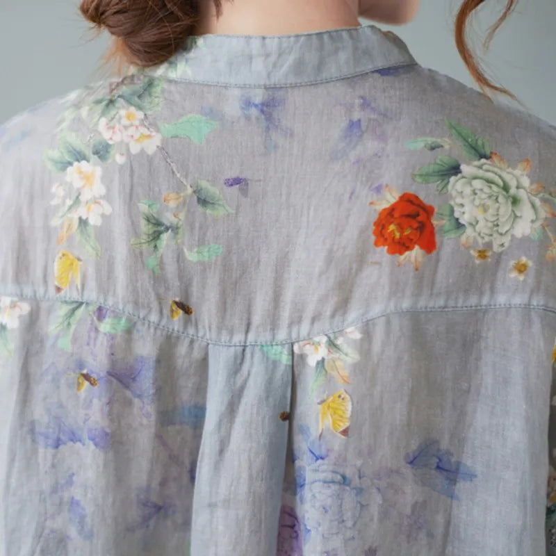 Women Cotton Linen Casual Shirts New Arrival 2021 Summer Vintage Floral Print Loose Female Short Sleeve Tops B733