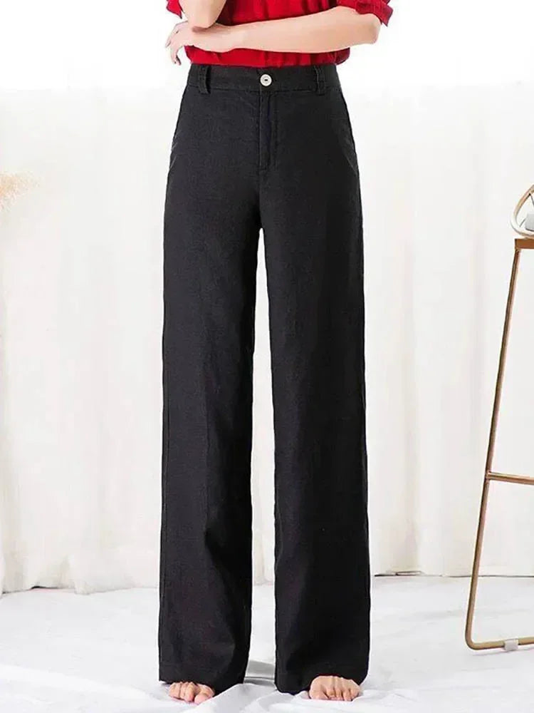Summer Women's Pants Cotton Linen Wide Leg Pants Full Length Casual Solid White Loose High Waist Straight Trousers Women