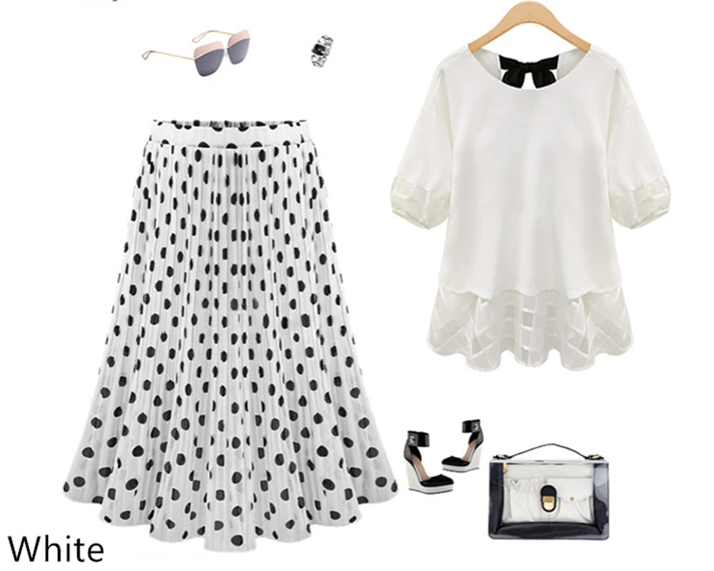 Women's Black Dots Chiffon Polka Skirts Vintage Classic Elegant Sweet Female Elastic Waist Pleated Beach A-Line Plus Size Chic