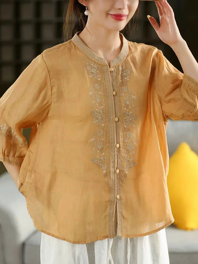 100% Linen Women Casual Shirt New 2025 Summer Vintage Style Stand Collar Floral Embroidery Loose Female Tops Shirts M1593