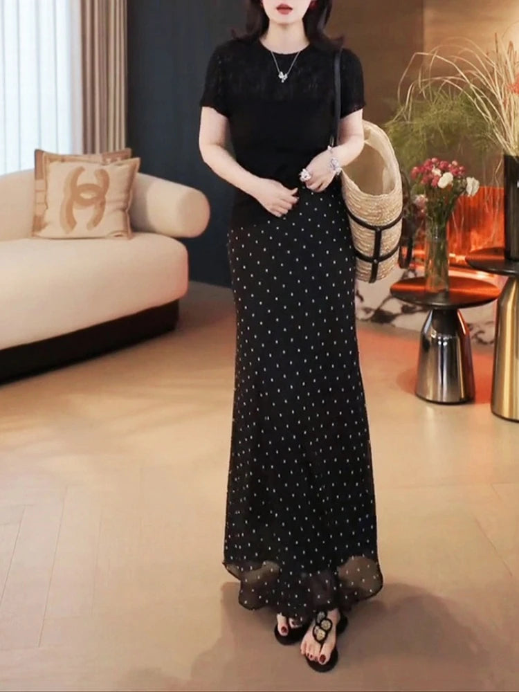 Polka Dot Fishtail Skirt Women's Half Skirt New Summer Mid-length Vintage Bodycon High Waist Chiffon Maxi Skirt Sexy Mujer Black
