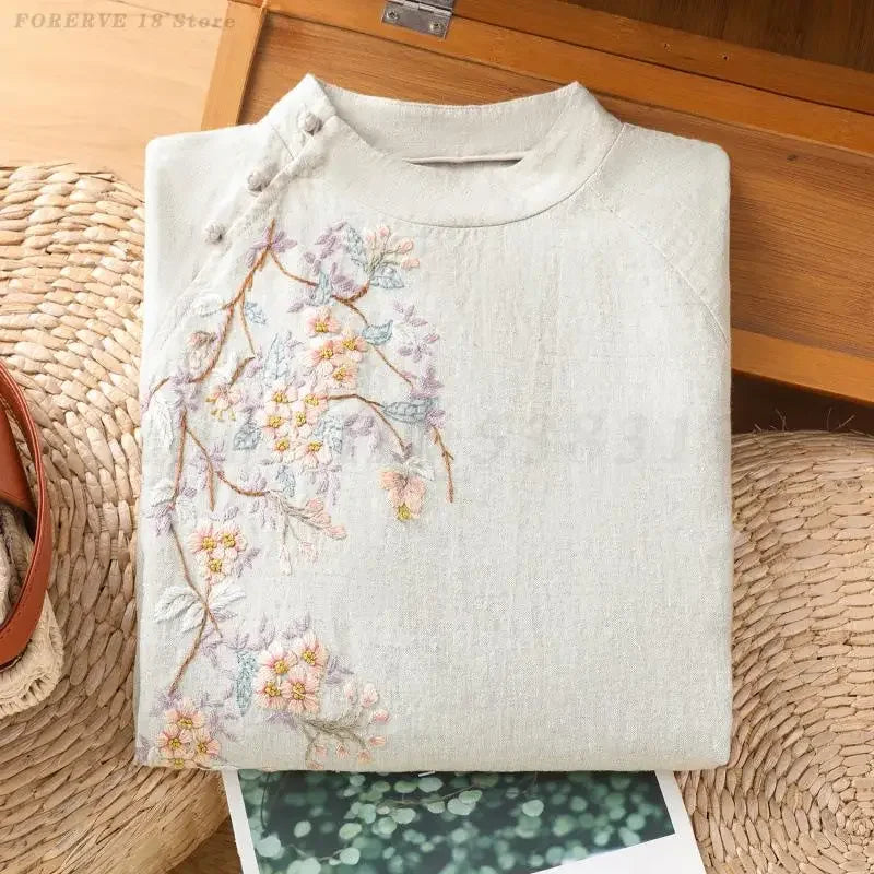 Spring Summer New Chinese Blouse Lady Elegant Artistic Style Shirt Embroidered Hanfu Top Retro Loose Casual Oriental Costumes