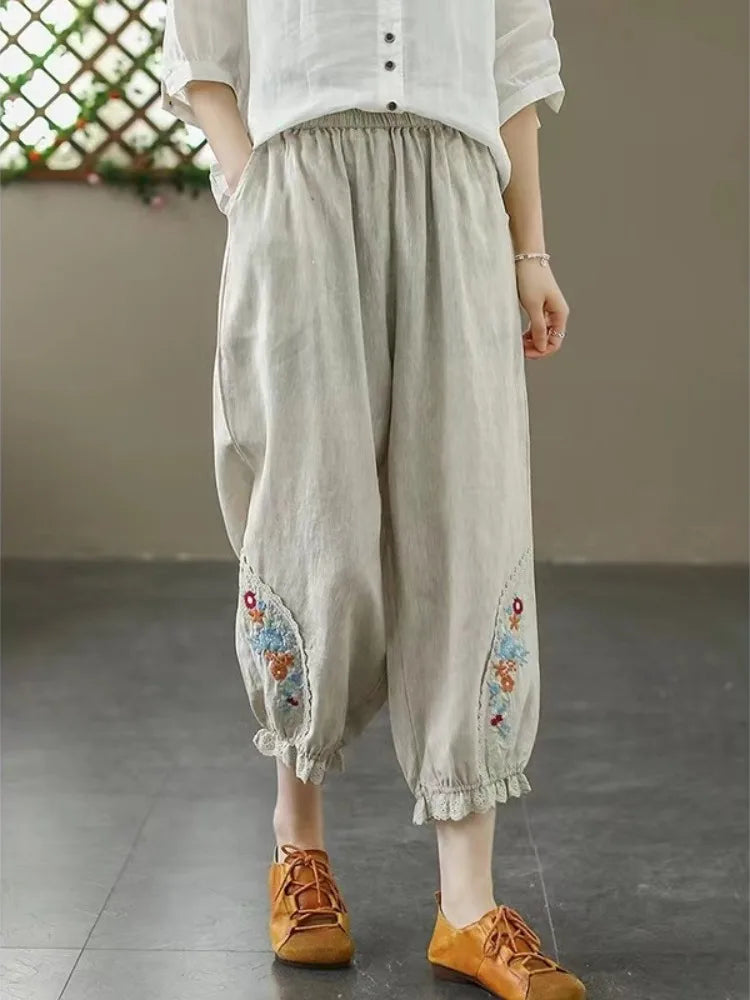 Ele Embroidered Cotton Linen Harem Pants Women's Summer Elastic Waist Slimming Cabbage Pants plus Size Casual Lantern Pants