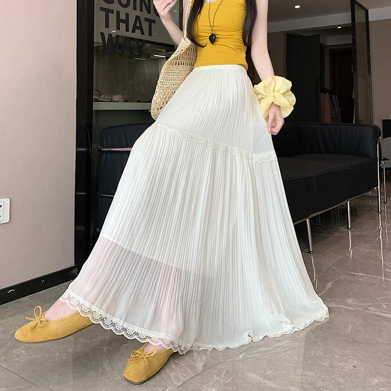Summer High Waist Chiffon Pleated Skirt - Stretchy A-Line Flowy Midi Skirt with Lace Trim, Slimming Casual Long Skirt for Women