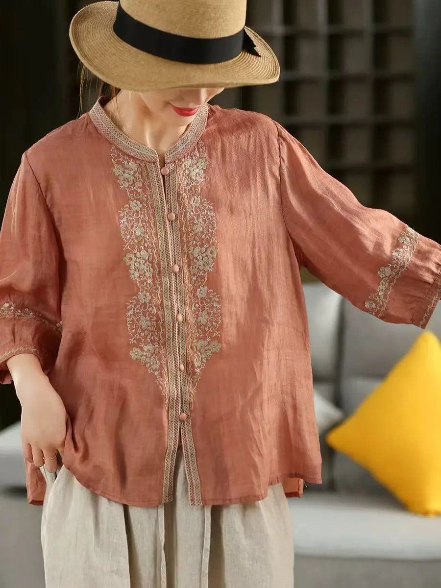 100% Linen Women Casual Shirt New 2025 Summer Vintage Style Stand Collar Floral Embroidery Loose Female Tops Shirts M1593