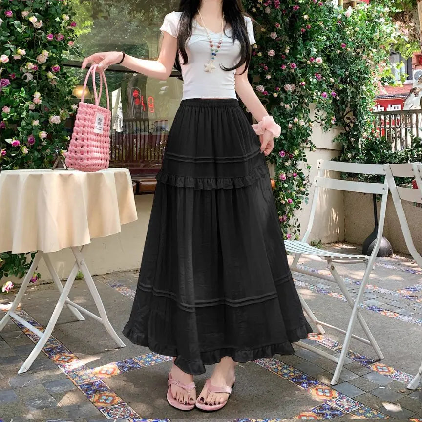 Qiukichonson Pink Summer Skirts Women Goth Cute Frilly Stitching High Waisted A-Line Ruffle Long Midi Chiffon Skirt White Black