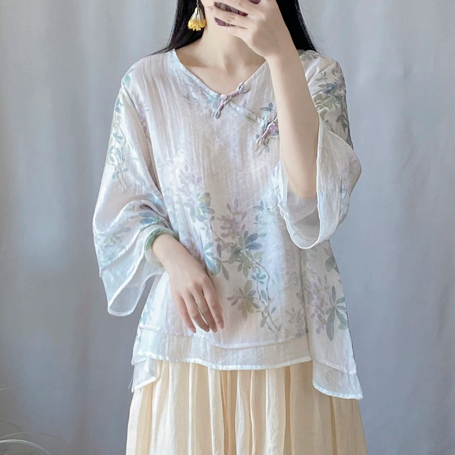 Chinese Zen Style Blouse Women Summer Tencel Linen Blend Loose Fit Double Layer V Neck Pearl Buttons Fashion Top KK634