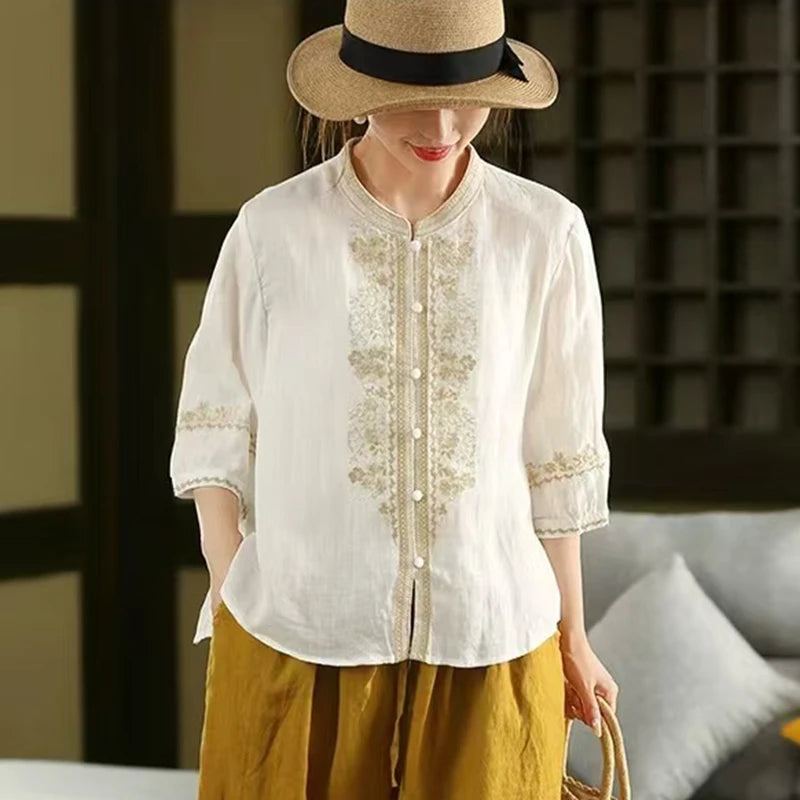 100% Linen Women Casual Shirt New 2025 Summer Vintage Style Stand Collar Floral Embroidery Loose Female Tops Shirts M1593