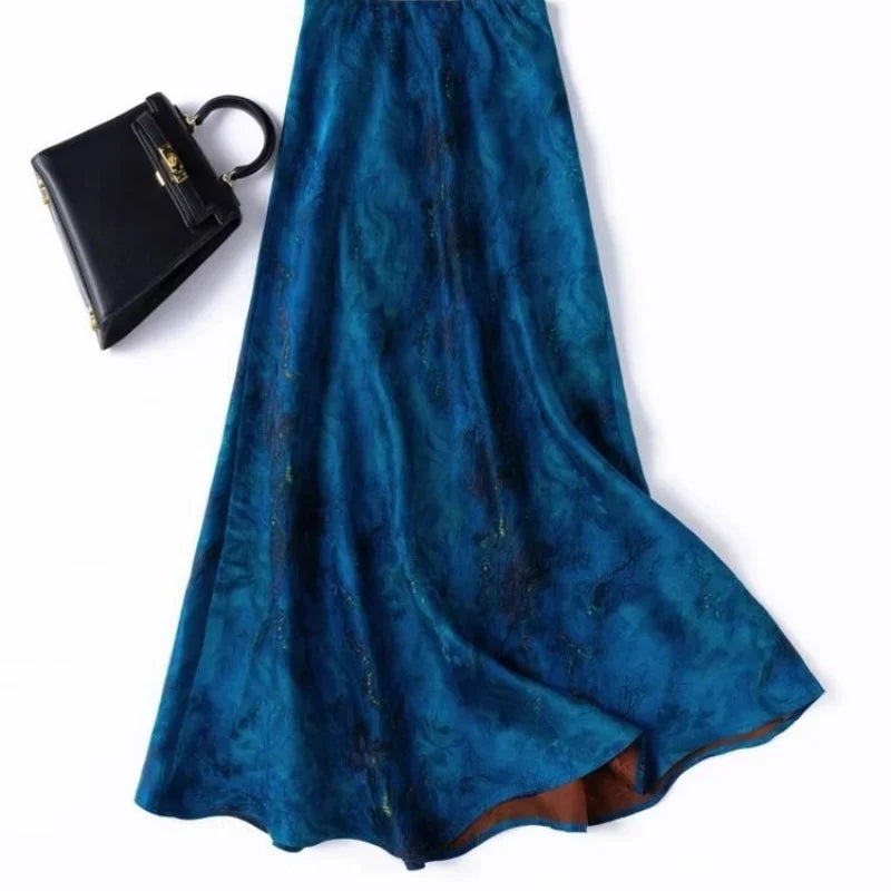 Limiguyue Blue High Waist Satin Skirt Women Flower Print Midi Skirts Casual Slim Silk Fishtail Spring Long Skirt Vintage 537A