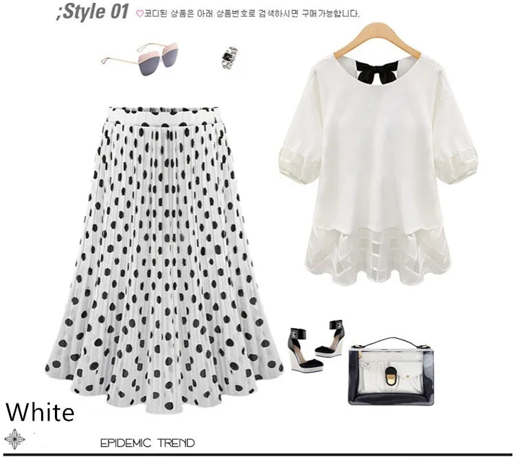 Women's Black Dots Chiffon Polka Skirts Vintage Classic Elegant Sweet Female Elastic Waist Pleated Beach A-Line Plus Size Chic