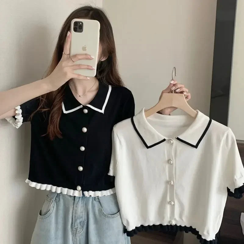 Women's Stylish Clothing Knitting Button Short Tops Tees Patchwork Striped Jacket Girls Y2k Clothing Korean Sweater Short Shirt