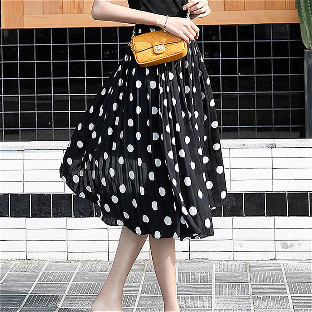 Women's Black Dots Chiffon Polka Skirts Vintage Classic Elegant Sweet Female Elastic Waist Pleated Beach A-Line Plus Size Chic