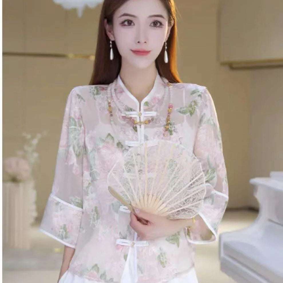 New Chinese Sle Thin awl Coat Button up irt Women Summer National Sle Sun Protection Light Veil Outerwear