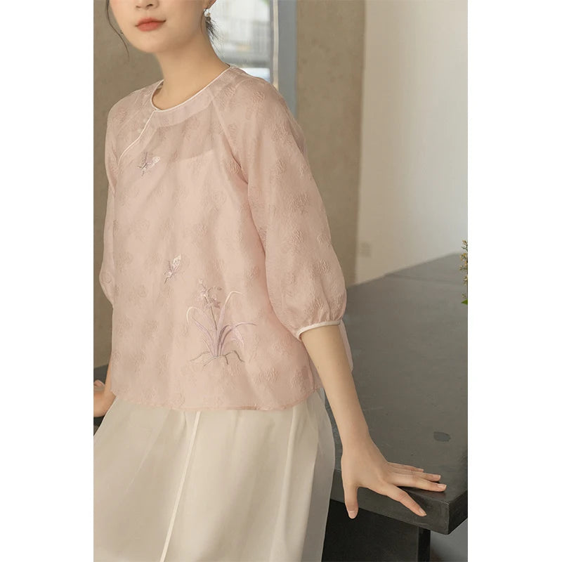Ele Pink Embroidered ort Top for Women Vintage Chinese Sle Floral Tissue Gentle Spring Summer New Arrival Ladies' Clo...