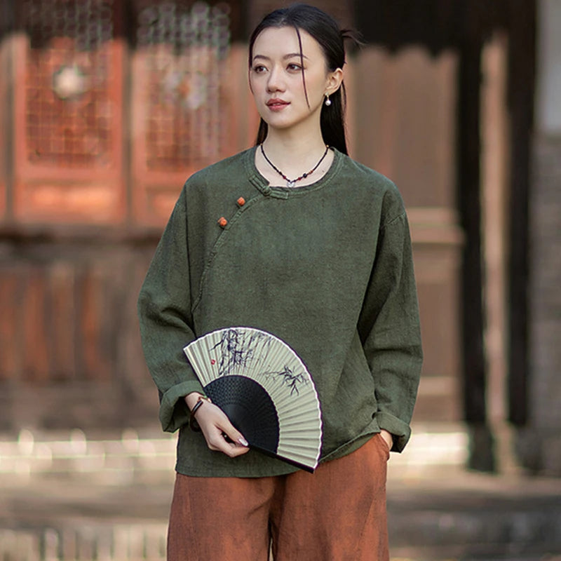 Women Long Sleeve Cotton Linen T-shirts New 2026 Spring Chinese Style O-neck Frog Button Loose Female Casual Tops Tees M2353