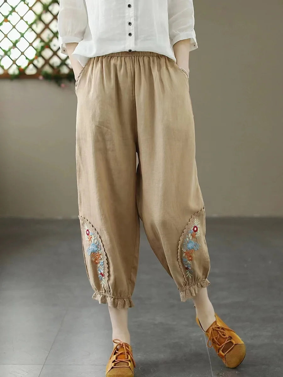 Ele Embroidered Cotton Linen Harem Pants Women's Summer Elastic Waist Slimming Cabbage Pants plus Size Casual Lantern Pants