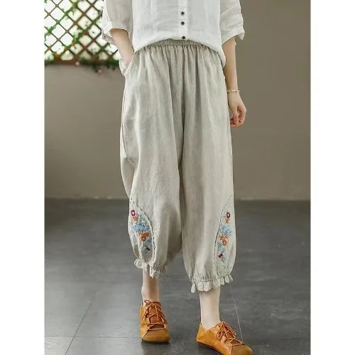 Ele Embroidered Cotton Linen Harem Pants Women's Summer Elastic Waist Slimming Cabbage Pants plus Size Casual Lantern Pants