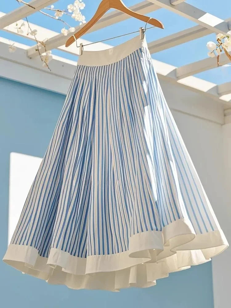 Casual Striped A Line Skirt Women Summer 2025 High Waist Pleated Midi Skirt Slim Fit Korean Chic Office Casual Fashion Outfit