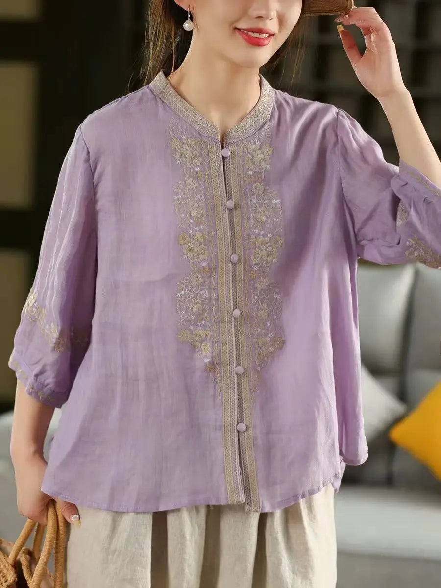 100% Linen Women Casual Shirt New 2025 Summer Vintage Style Stand Collar Floral Embroidery Loose Female Tops Shirts M1593