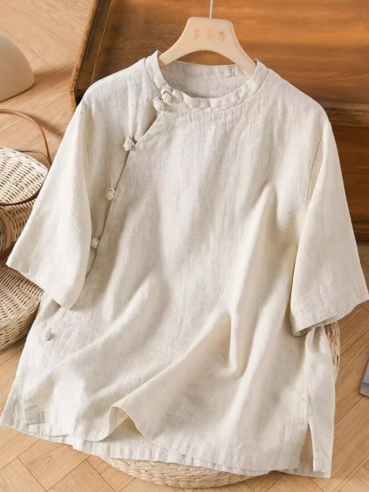 New Chinese Sle Zen Cotton Linen ort Sve irt Women Summer Retro Casual National Sle Oblique Collar Buttoned Split Top