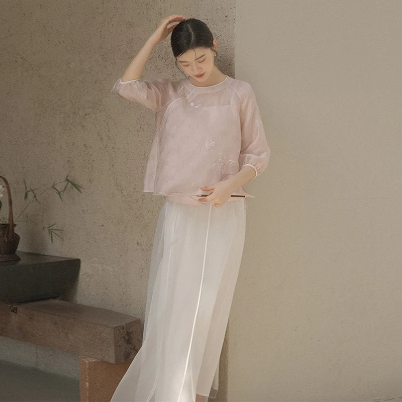 Ele Pink Embroidered ort Top for Women Vintage Chinese Sle Floral Tissue Gentle Spring Summer New Arrival Ladies' Clo...