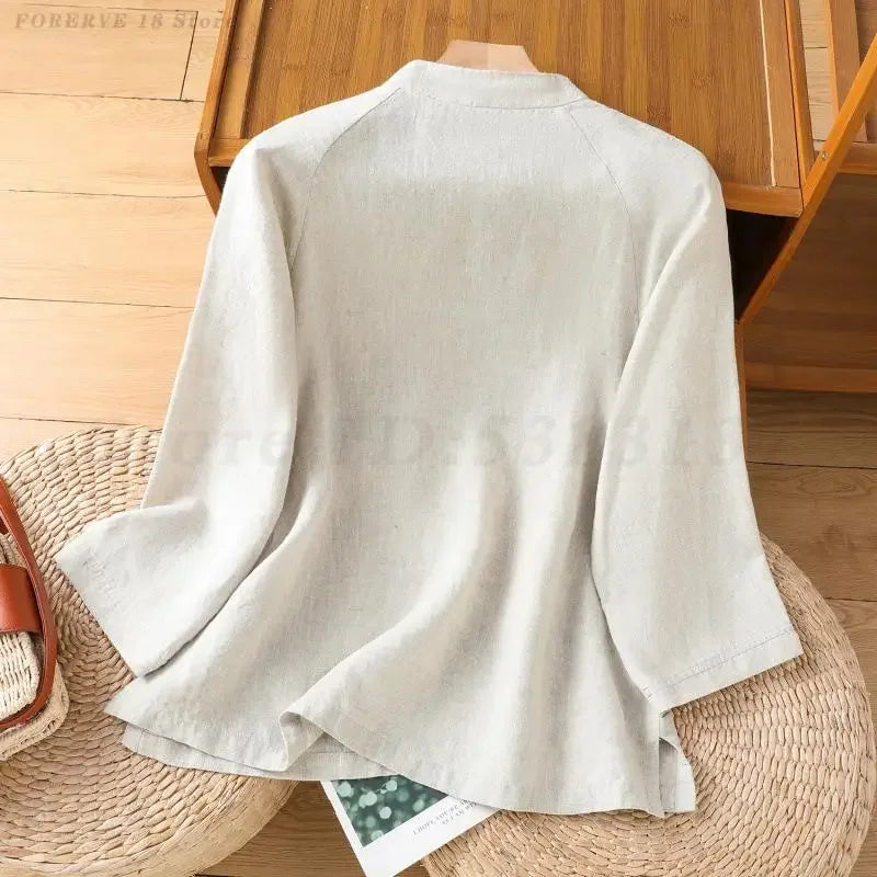 Spring Summer New Chinese Blouse Lady Elegant Artistic Style Shirt Embroidered Hanfu Top Retro Loose Casual Oriental Costumes