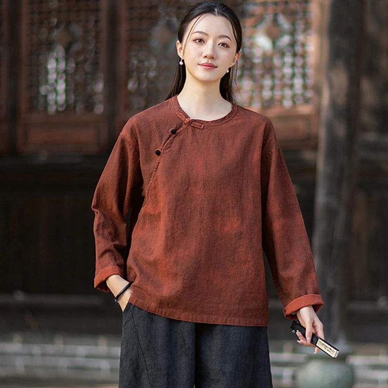 Women Long Sleeve Cotton Linen T-shirts New 2026 Spring Chinese Style O-neck Frog Button Loose Female Casual Tops Tees M2353