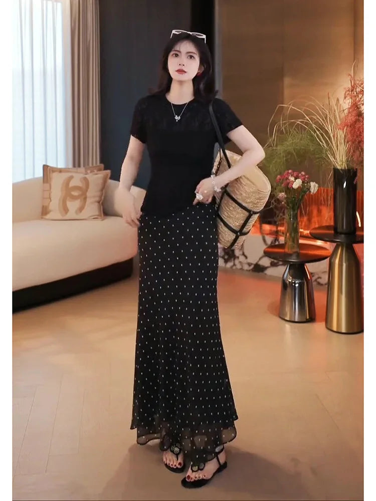 Polka Dot Fishtail Skirt Women's Half Skirt New Summer Mid-length Vintage Bodycon High Waist Chiffon Maxi Skirt Sexy Mujer Black