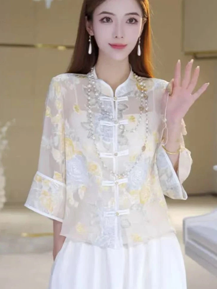 New Chinese Sle Thin awl Coat Button up irt Women Summer National Sle Sun Protection Light Veil Outerwear
