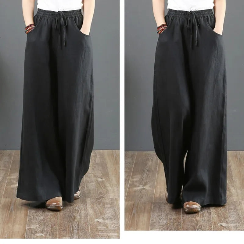Summer Cotton Linen Wide Leg Pants for Women Straight Leg Pants Casual Straight Pants High Waist Trouses Long Pants with Pockets