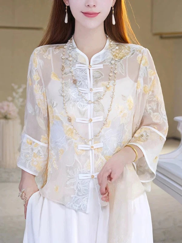 New Chinese Sle Thin awl Coat Button up irt Women Summer National Sle Sun Protection Light Veil Outerwear